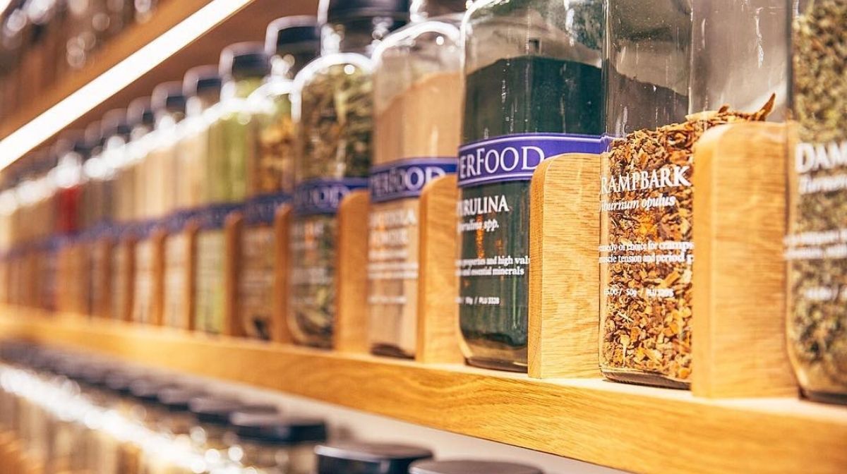Jars of herbs on a shelf