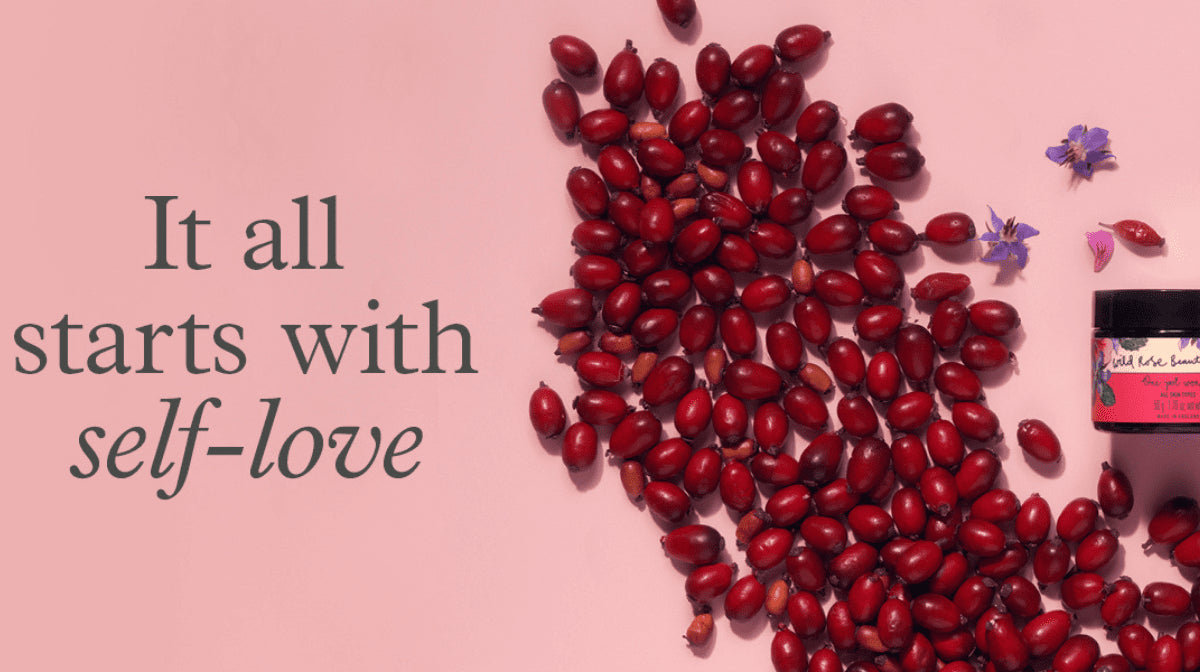 'it all starts with self love' on a pink background with rosehips and wild rose beauty balm